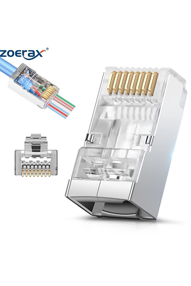 OD 1.2MM 50PCS ZoeRax 50pcs Shielded RJ45 Cat6 Cat6A Pass Through Connectors - 3 Prong 8P8C Gold Pla