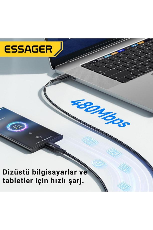 E-marker Çipli 3mt 100w Type C To Type C Şarj Kablosu 480mbps Veri Aktarım Şarj Akım Korumal - 5