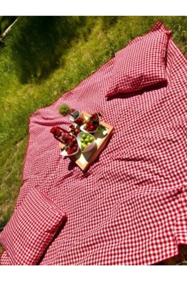 طقم نزهة بنمط القماش القطني ذو المربعات الصغيرة باللون الأحمر - مفرش نزهة - 1