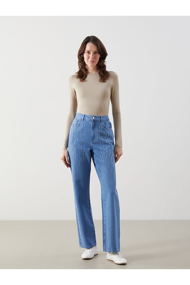 M1 Sezon Indigo Elastic Waist Straight Fit Stoned Women's Jean Trousers