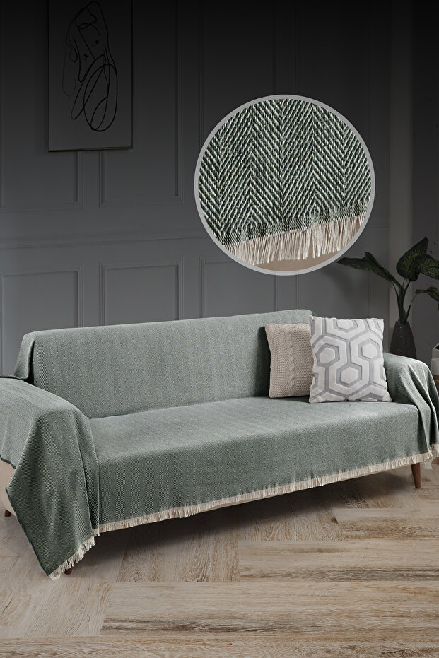 Armrest Cover with Fringes, 100% Cotton | Sofa Throw, 180x300 cm, Green