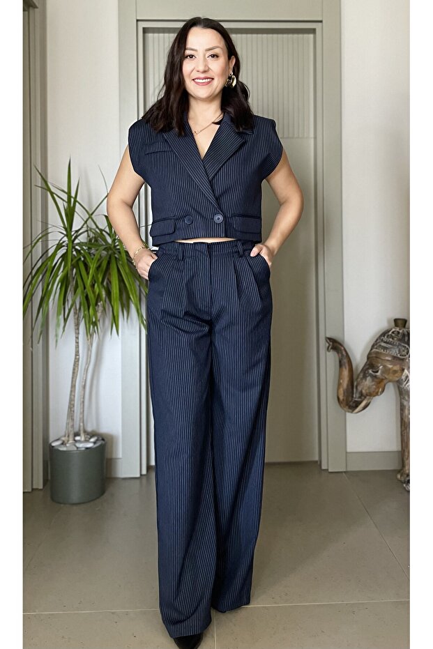 Dark Blue Striped High Waist Palazzo Pants