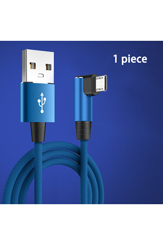 كابل USB مايكرو أزرق بطول 2 متر للشحن السريع 3 أمبير، كابل بيانات بزاوية 90 درجة للهواتف المحمولة