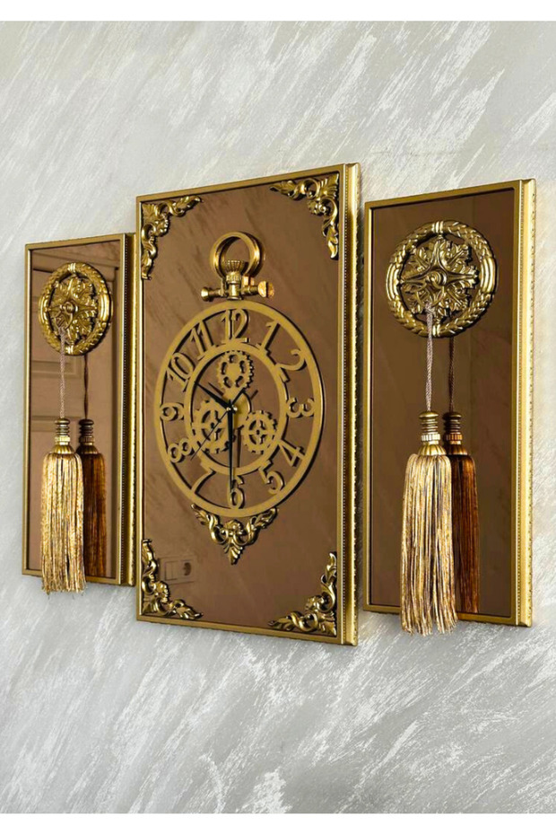Genel Markalar Casablanca 3 Lü Gold Aynalı Çerçeveli Püsküllü Duvar Saati Takımı, Wall Clock Hediye Ags001 38gmb
