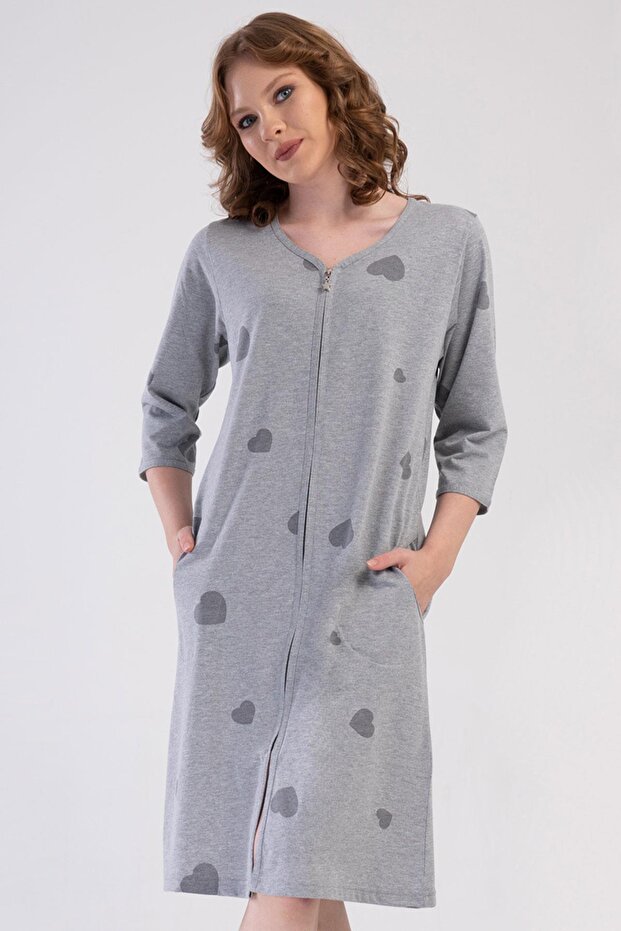 Women's Plus Size Capri Sleeve Zippered Gray Melange Home Dress