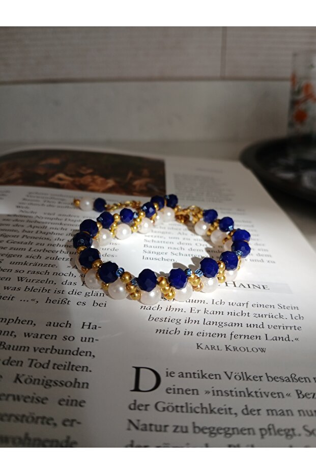 Navy Blue Crystal and Pearl Beaded Stylish Bracelet with Gold
