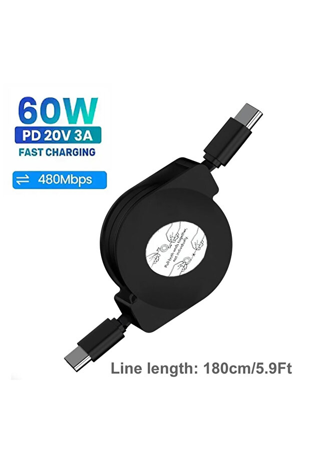 كابل بيانات USB-C قابل للسحب بقدرة PD 60 واط (180 سم) وPD 100 واط، متوافق مع iPhone 15 Pro Max وMacBook للشحن السريع