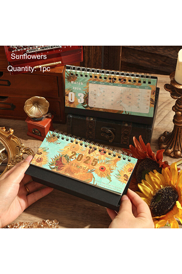 Sunflowers 1 pc 2025 Vintage Painting Coil Desk Calendar With Memo Notes Tabletop Flip Schedule Mont