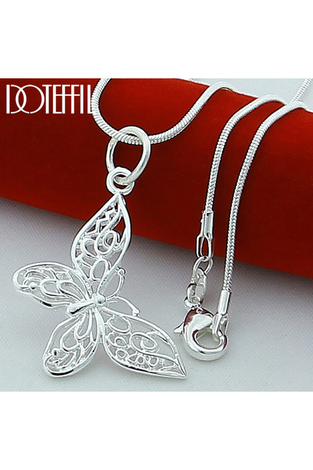 45cm DOTEFFIL 925 Sterling Silver Butterfly Pendant Necklace 18/20/22/24/28/30 inch Snake Chain For