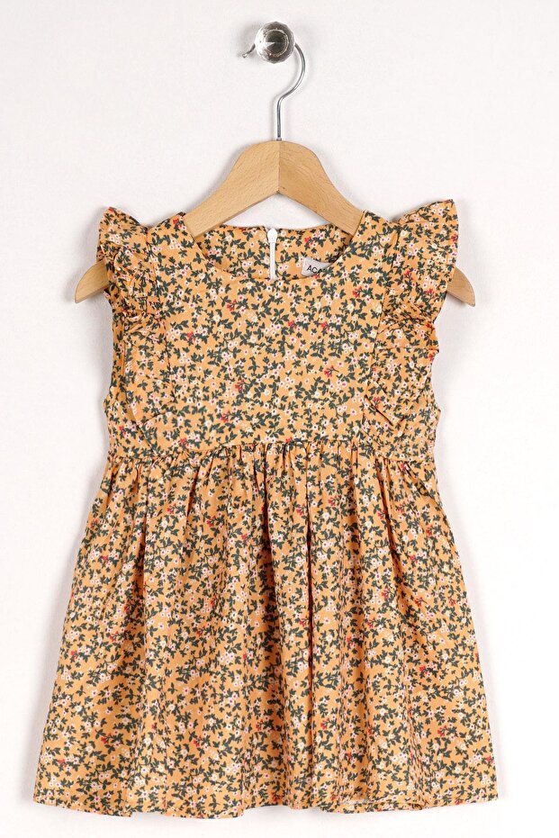 Square Collar Zero Sleeve Collar Icy Zero Sleeve Cıcek Patterned Zippered Yellow Color Girl's Dress