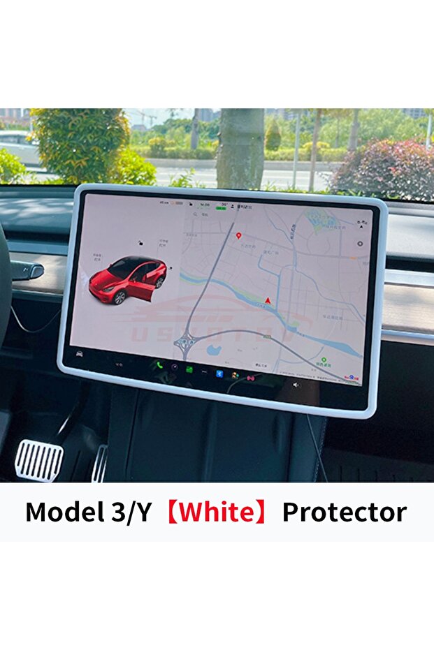 واقي شاشة أبيض لسيارة Tesla Model 3 Y Highland مع إطار سيليكون وحافة شاشة وغطاء هيكل مركزي C