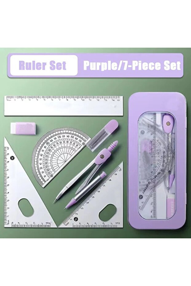 Pruple 7-Piece Compass and Ruler Set Student Ruler Set Cute Rriangle Ruler Set Exam Specific Ruler B - 1