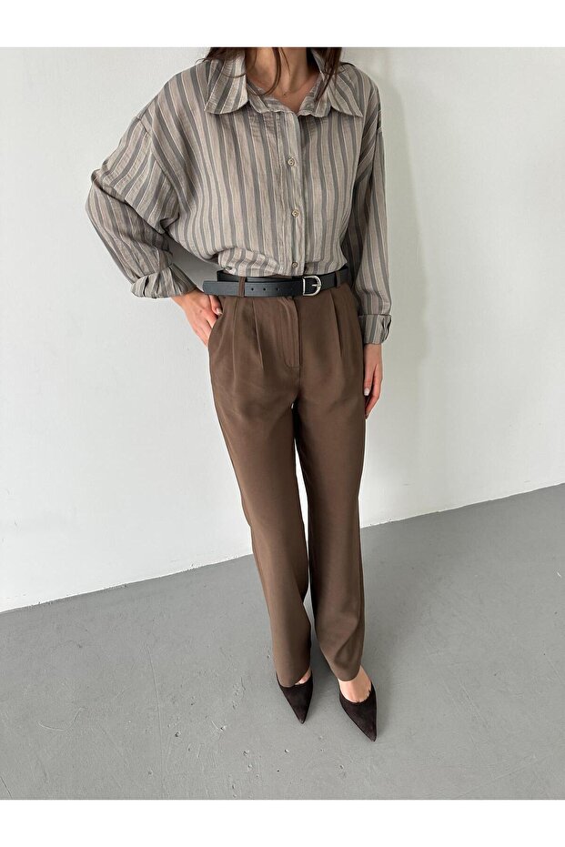 Brown Double Pleated Belted Trousers - 3780