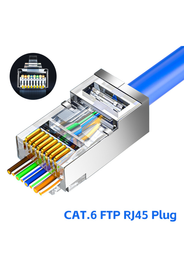 100 قطعة من موصلات Cat6 RJ45 المحمية ذات النهاية البلورية المطلية بالذهب 8P8C المموجة UTP Ethernet Mo