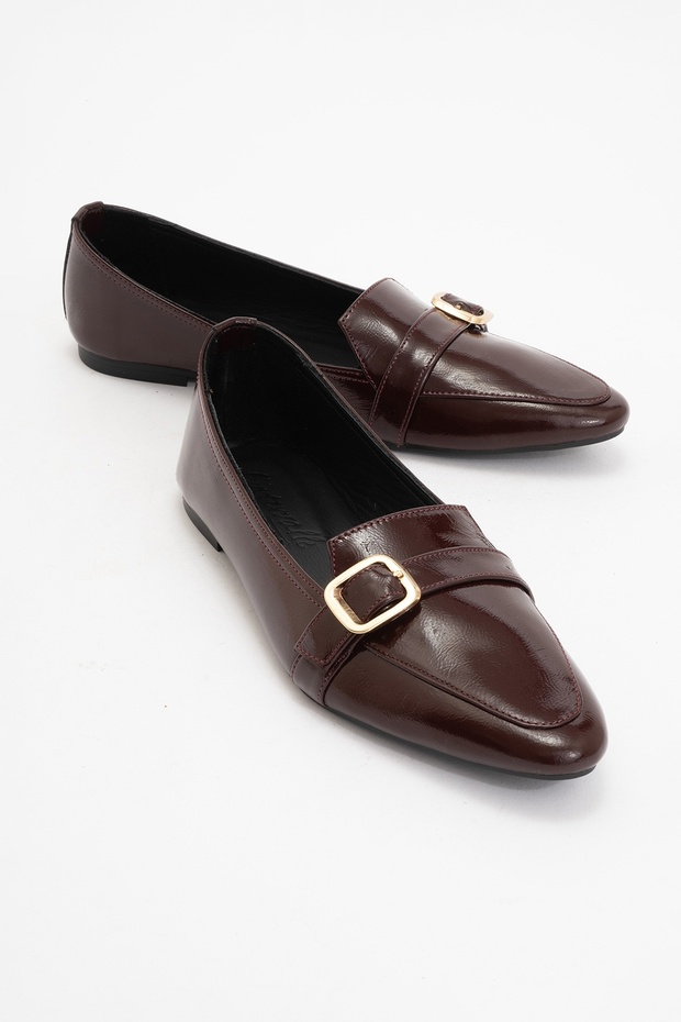 Zarina Burgundy Patent Leather Genuine Leather Women's Ballerina Shoes with Gold Buckle