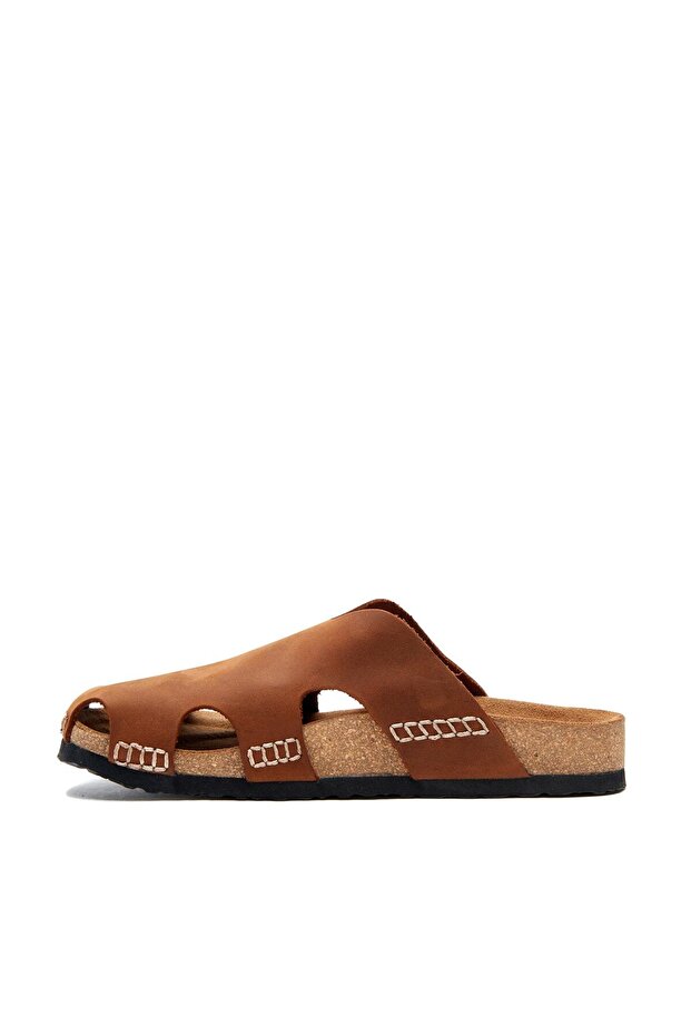 Unisex Kahverengi Crazy Deri Anatomik Mantar Tabanlı Deri Sabo Terlik - 3