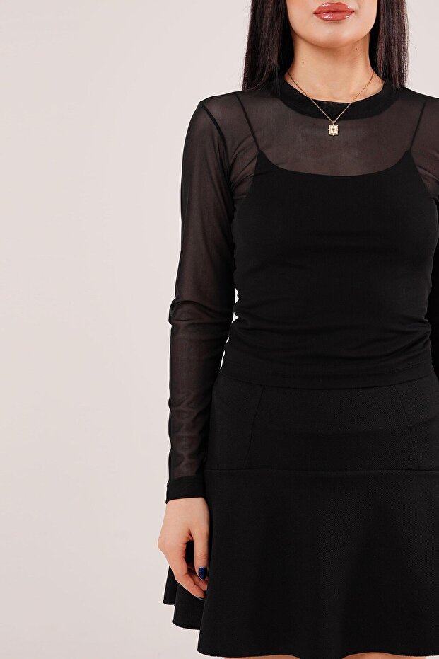 Прозора чорна тюлева блуза Basic - 2