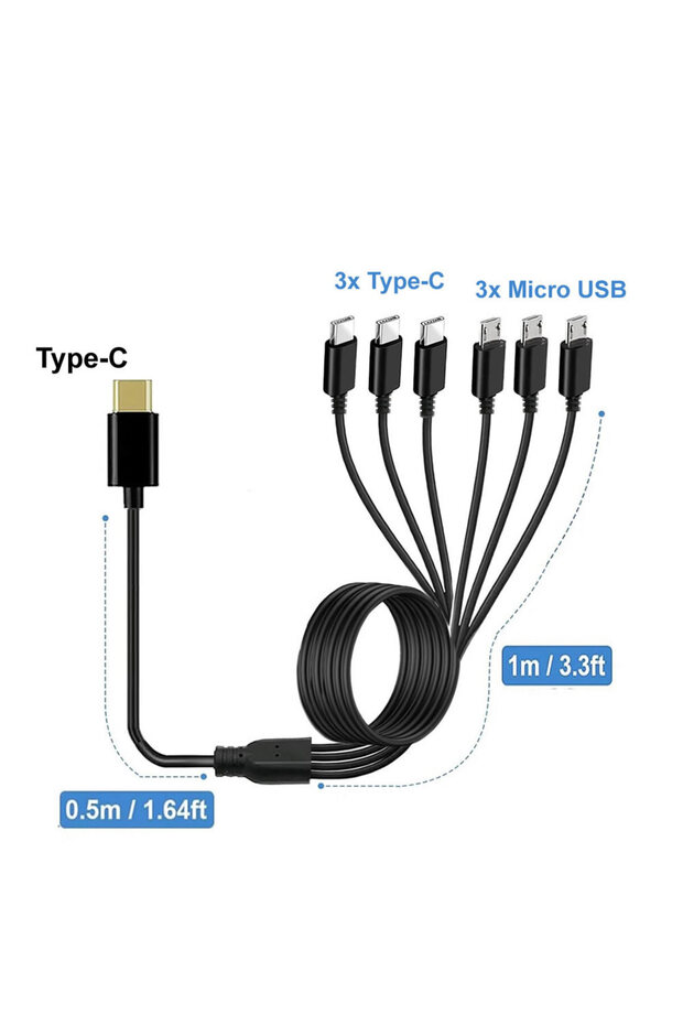 كابل موزع 6 في 1 من نوع Micro USB/Type C (150 سم) 3 في 1 من USB إلى Micro USB/Type C كابل شحن