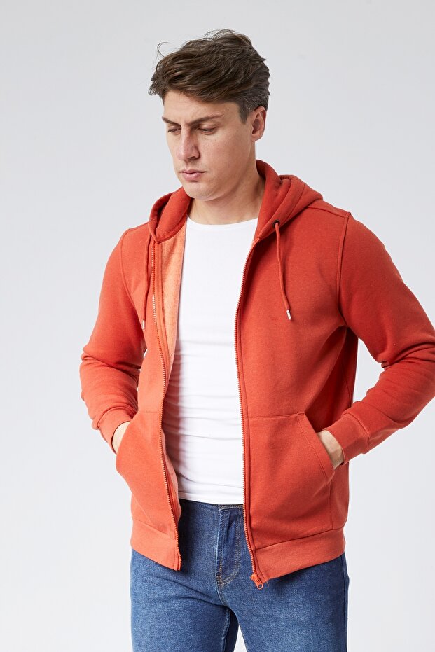 Mooncover Men's Zippered Hooded Sweatshirt with Pockets – Orange