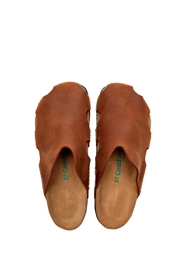 Unisex Kahverengi Crazy Deri Anatomik Mantar Tabanlı Deri Sabo Terlik - 4