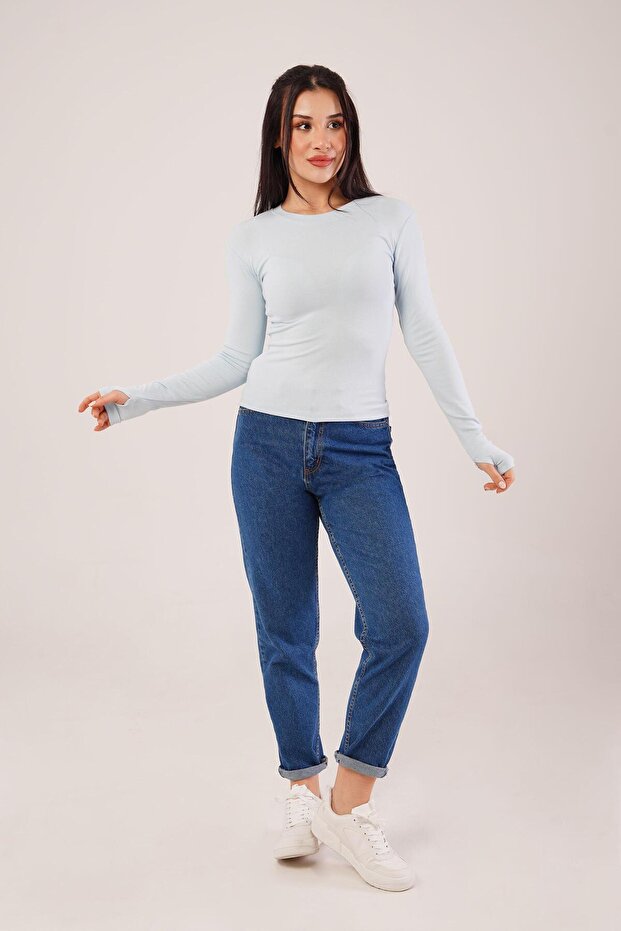 Uzun Kollu Basic Bebe Mavisi Bluz - 4