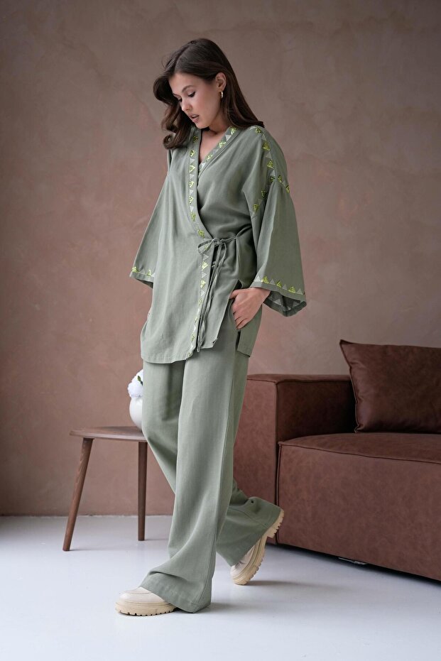 Women's Khaki Linen Embroidery and Sequin Detailed Kimono and Pants Bottom/Top Suit 29033