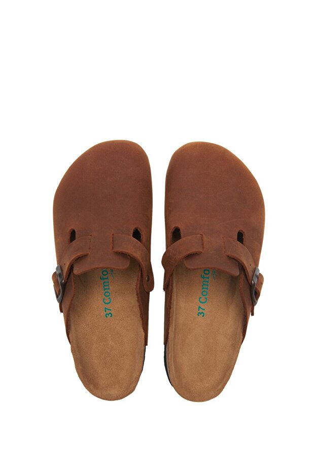 Unisex Kahverengi Deri Anatomik Mantar Tabanlı Terlik - 5