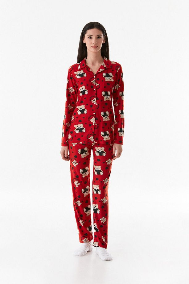 Süet Kumaş Düğmeli Ayıcıklı Pijama Takımı - 3