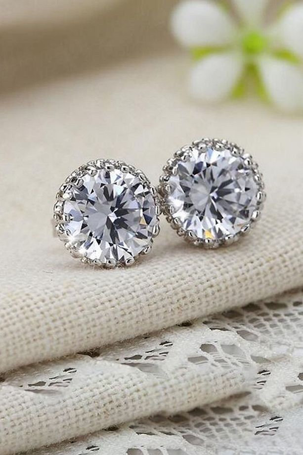 1 Carat Kral Tacı Motifli Beyaz Tek Taş Erkek Küpe Df09 - 3