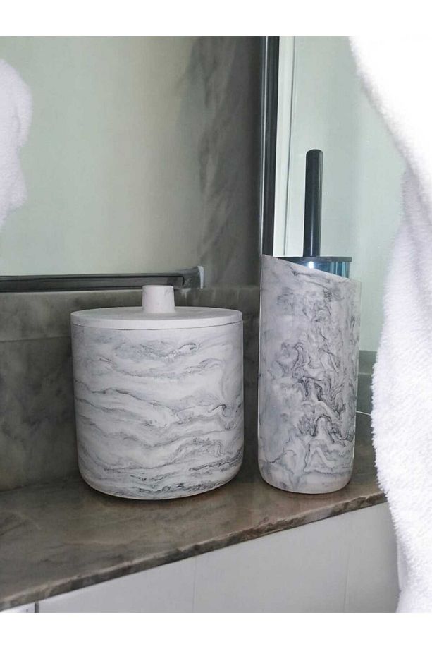 Mermer Desenli Beton Çöp Kovası Ve Wc Fırçalık Seti - 5