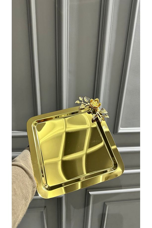 6 Adet Gold Kare Model Metal Tek Kişilik Kahve Sunum Tepsisi - 1