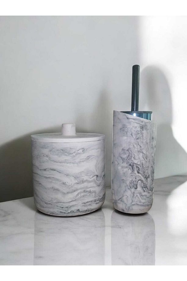 Mermer Desenli Beton Çöp Kovası Ve Wc Fırçalık Seti - 1