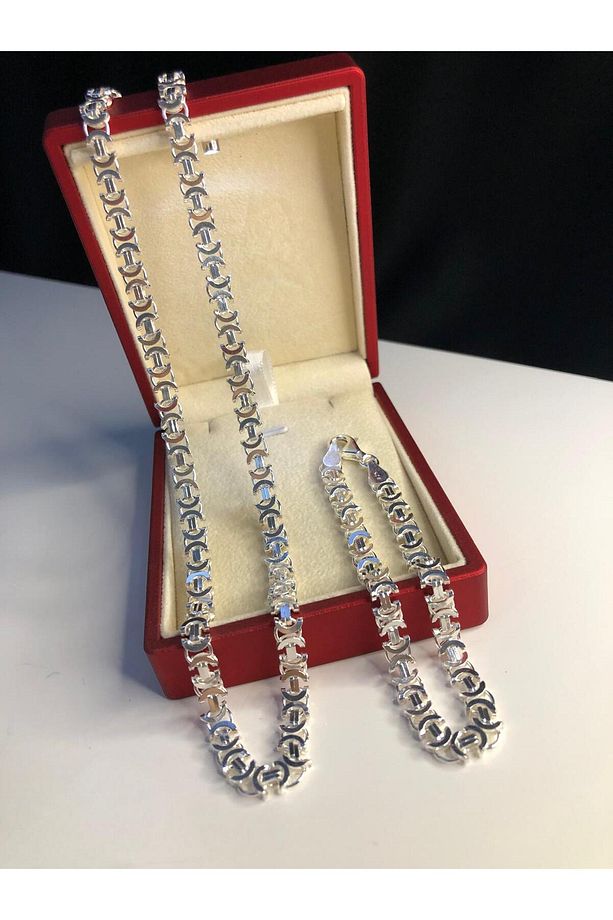 Erkek Gümüş Kolye Bileklik Set - 6mm Euro Kral Parlak Model Erkek Set • Işıklı Kutuda - 7