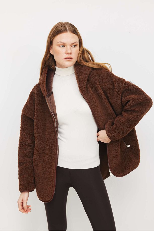 Oversize Suni Yün Kapüşonlu Polar Ceket - 3