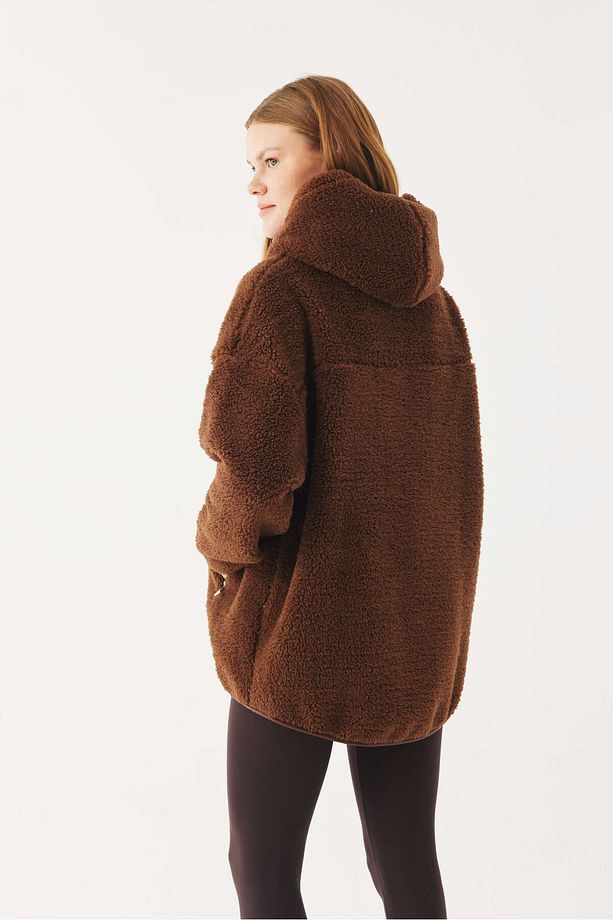 Oversize Suni Yün Kapüşonlu Polar Ceket - 6