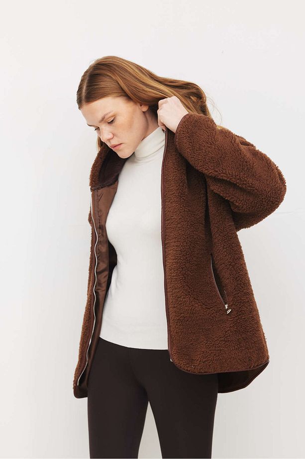 Oversize Suni Yün Kapüşonlu Polar Ceket - 4