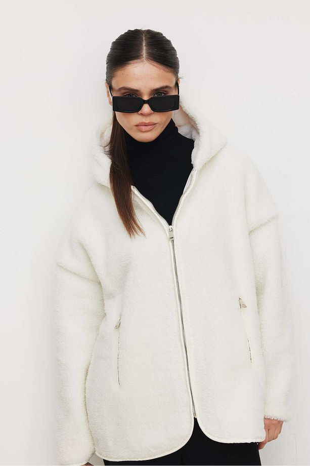 Oversize Suni Yün Kapüşonlu Polar Ceket - 1