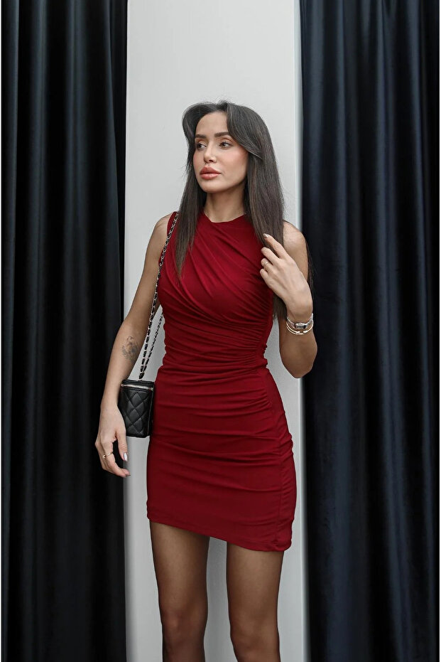 Yan Drapeli Sıfır Kol Elbise - 3