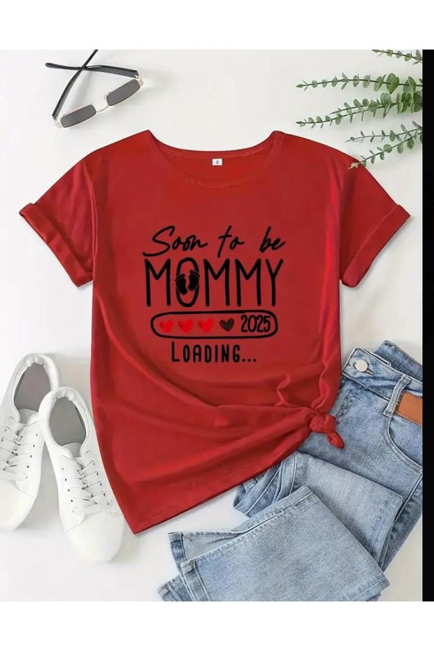 Mommy Printed Women's Cotton Combed Crew Neck Red T-shirt