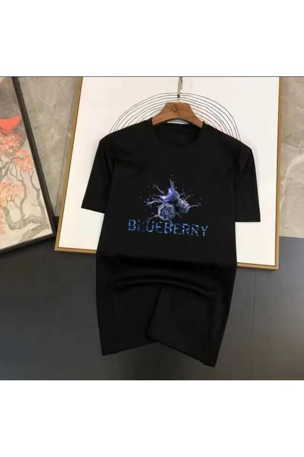Blueberry Printed Women's Cotton Combed Crew Neck Black T-Shirt