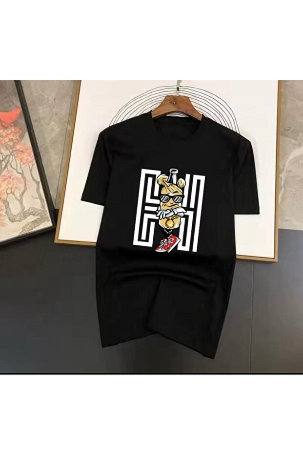 Maze Bottle Printed Men's Cotton Combed Crew Neck Black T-Shirt