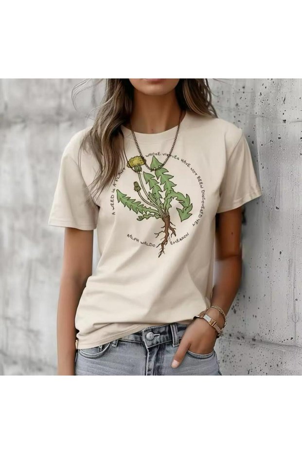 Plant Printed Women's Cotton Combed Crew Neck Beige T-Shirt