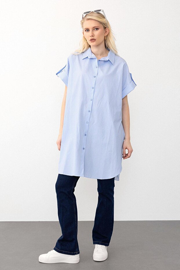 Side Slit Striped Poplin Tunic Light Blue 9283