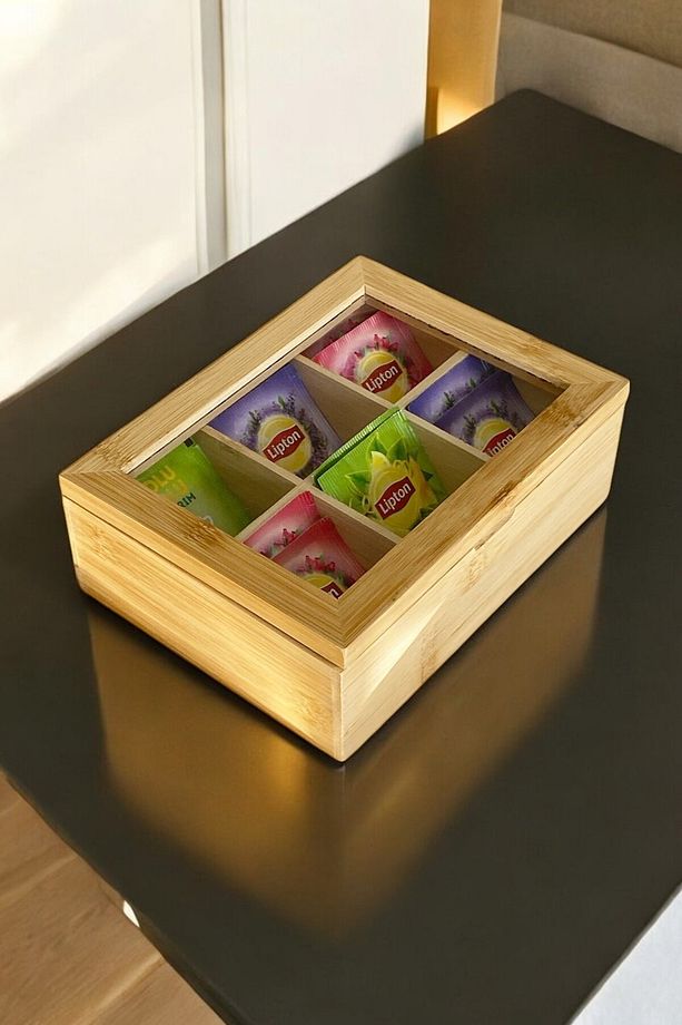 Bambu 6 Bölmeli Çay Kutusu -%100 Bambu Mıknatıslı Kapak 21x16,5 x7cm - 1