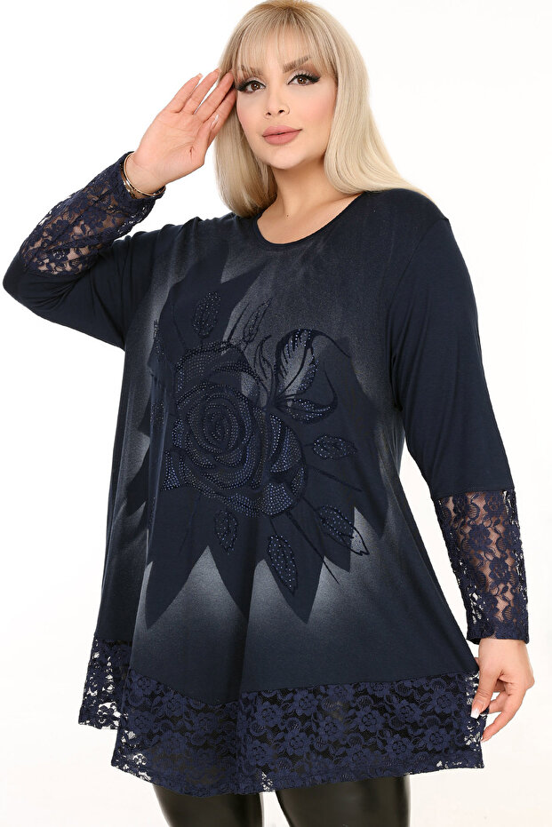 Round Neck Flocked Rose Printed Blouse in Comfortable Fit with Lace Sleeve Cuffs and Hem, Asymmetric Long Sleeve, Plus Size