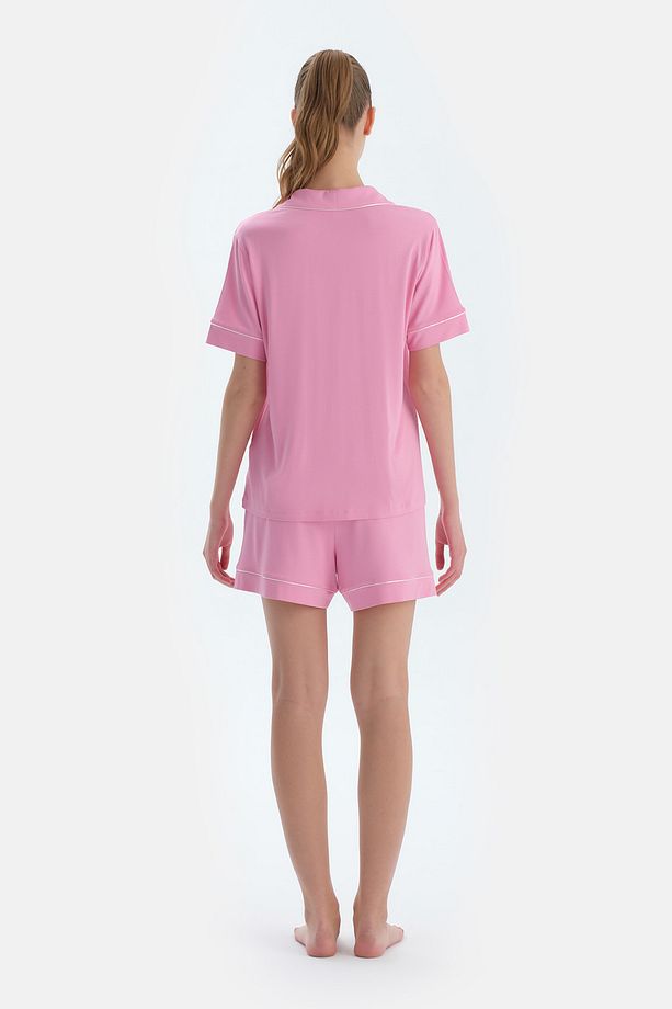 Pembe Biye Ve Nakış Detaylı Viskon Gömlek Şort Pijama Takımı - 2
