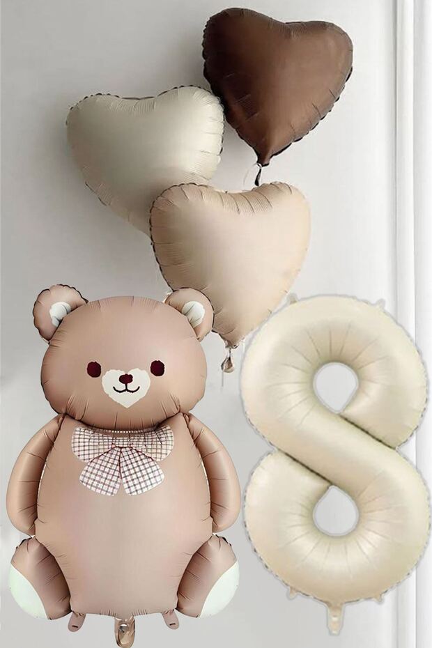 8Th Birthday Caramel Bow Tie Bear and 3 Retro Heart Balloons Balloon Set