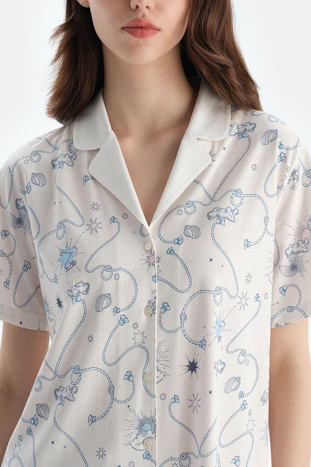 Ekru Metraj Baskılı Penye Modal Gömlek Şort Pijama Takımı - 5