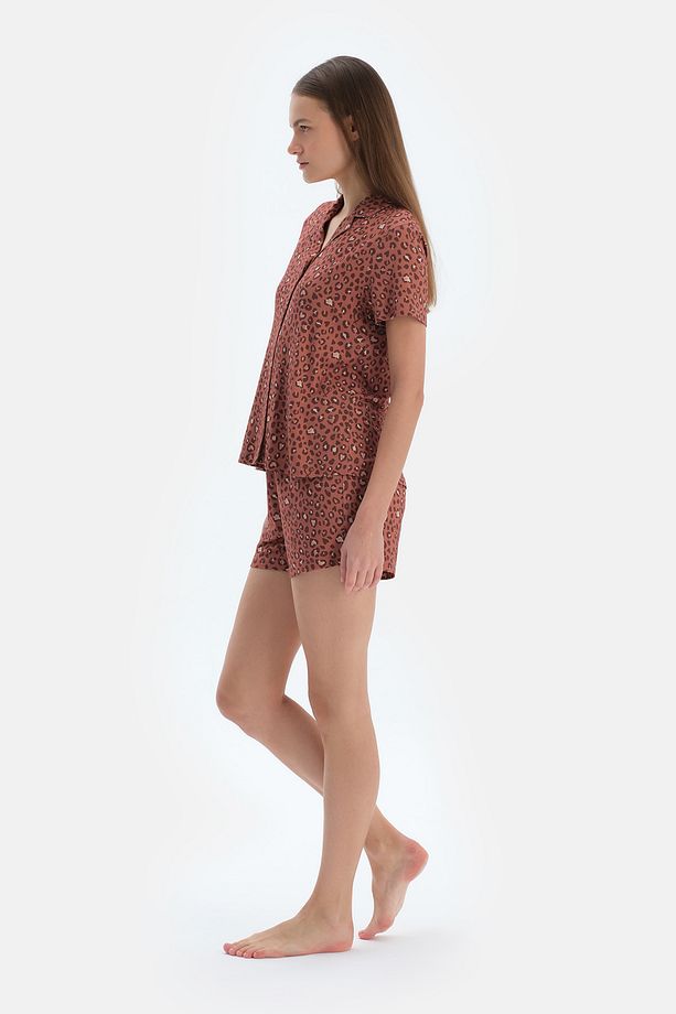 Kiremit Leopar Desenli Gömlek Şort Pijama Takımı - 3