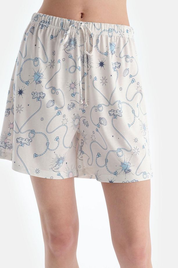 Ekru Metraj Baskılı Penye Modal Gömlek Şort Pijama Takımı - 6